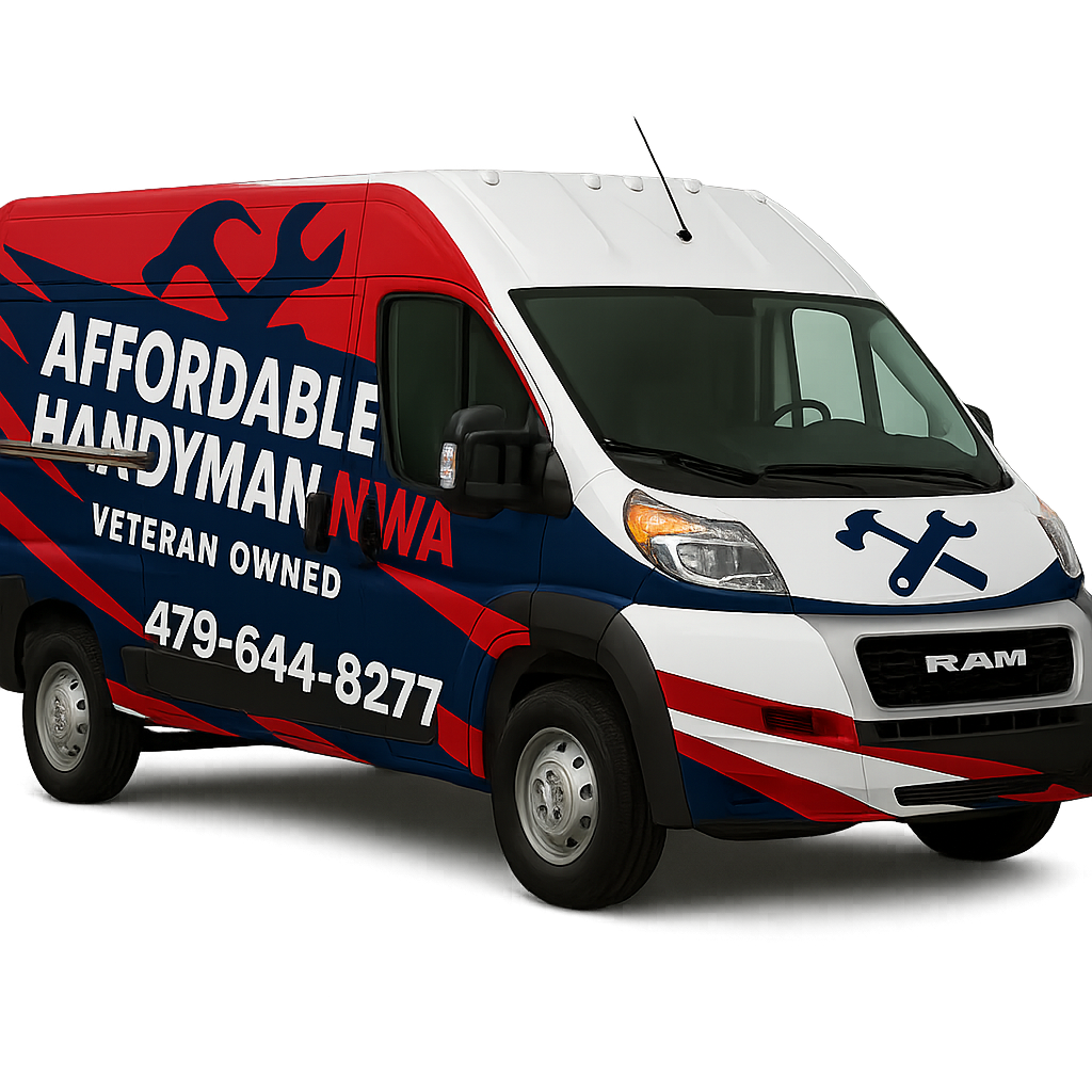 Affordable Handyman NWA service vehicle branding design — navy, red, and white with veteran-owned wordmark
