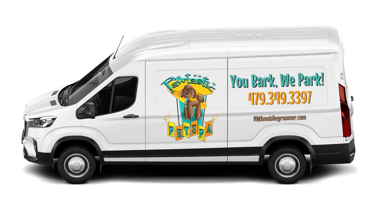 The real Pawtastic Mobile Pet Spa van, branded with the Pawtastic logo and You Bark, We Park! slogan