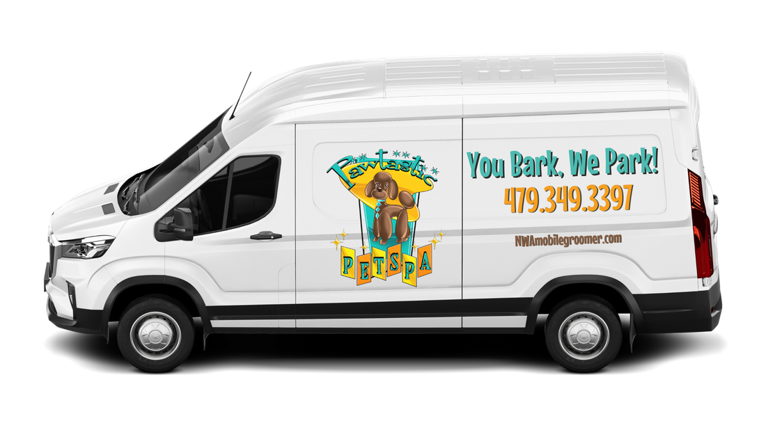 The real Pawtastic Mobile Pet Spa van, branded with the Pawtastic logo and You Bark, We Park! slogan