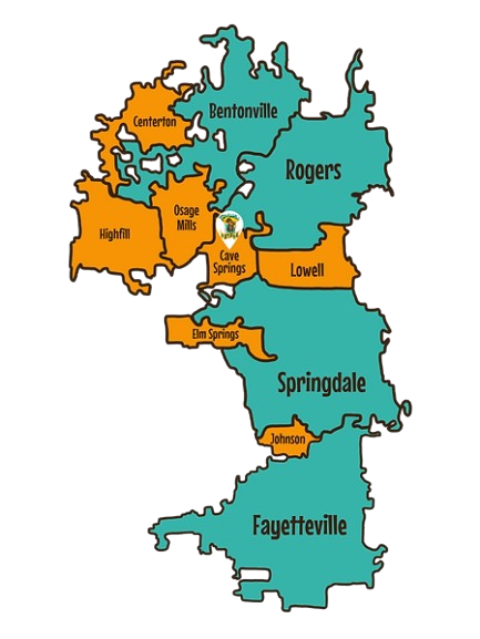 Map of Pawtastic Mobile Pet Spa's Northwest Arkansas service area, covering Bentonville, Rogers, Centerton, Cave Springs, Lowell, Springdale, and Fayetteville