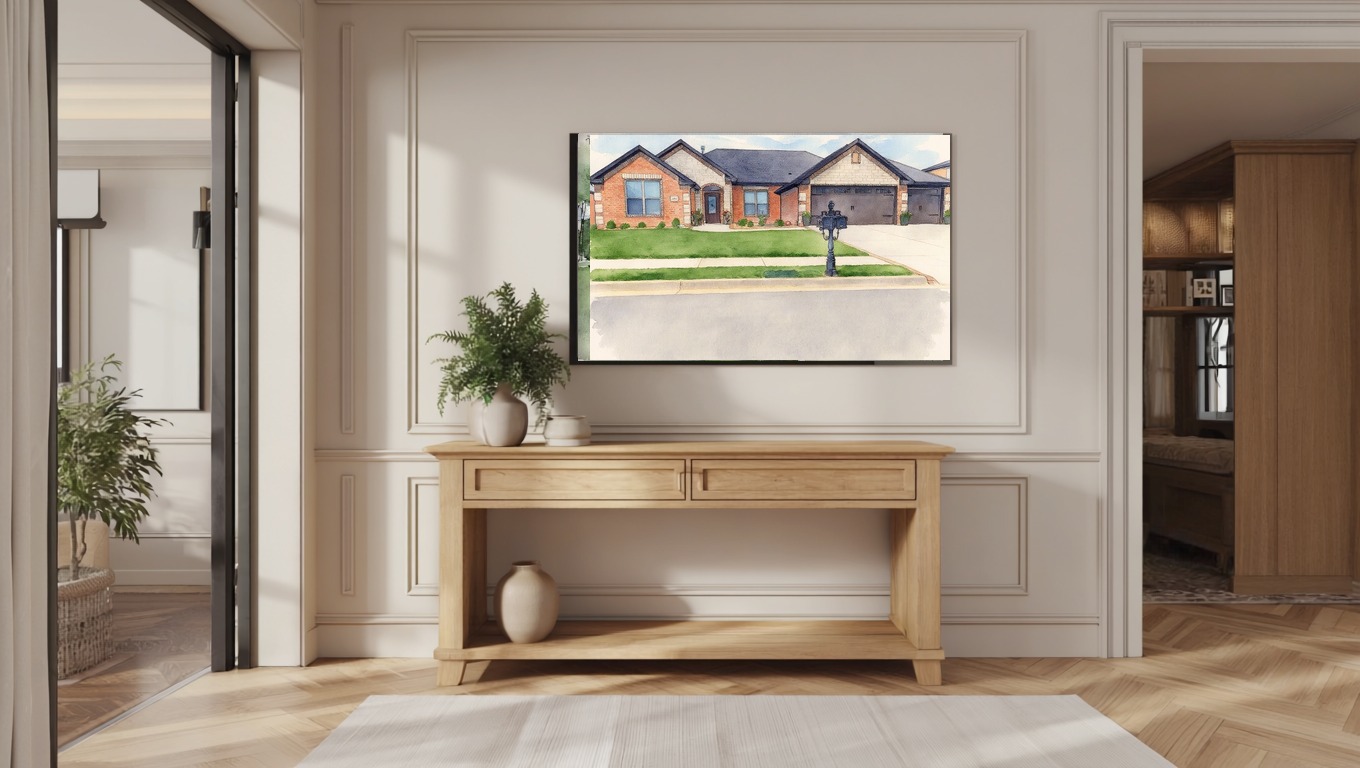 Watercolor house portrait mockup, framed and hung in an entryway